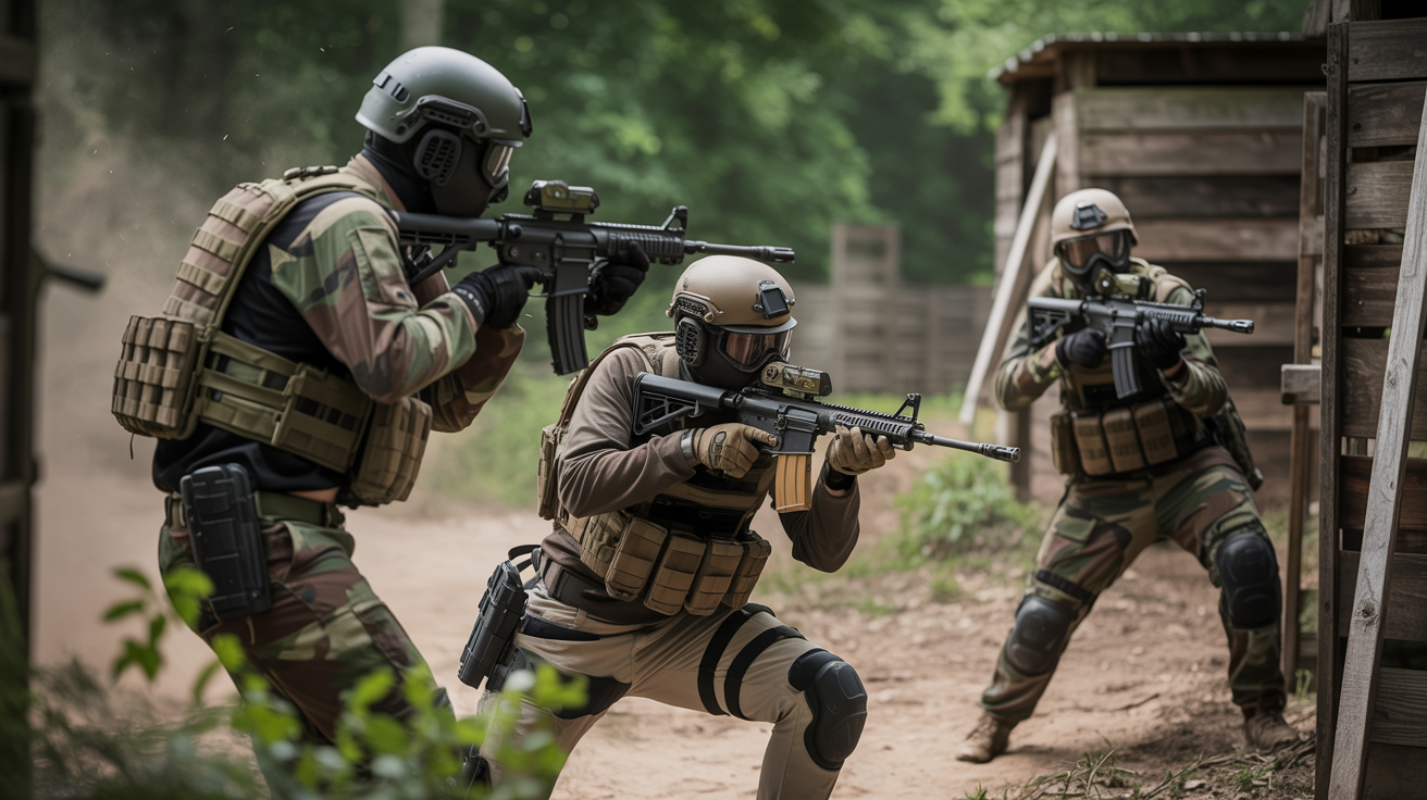 Airsoft-spelers in tactical gear tijdens een CQB-game in het veld
