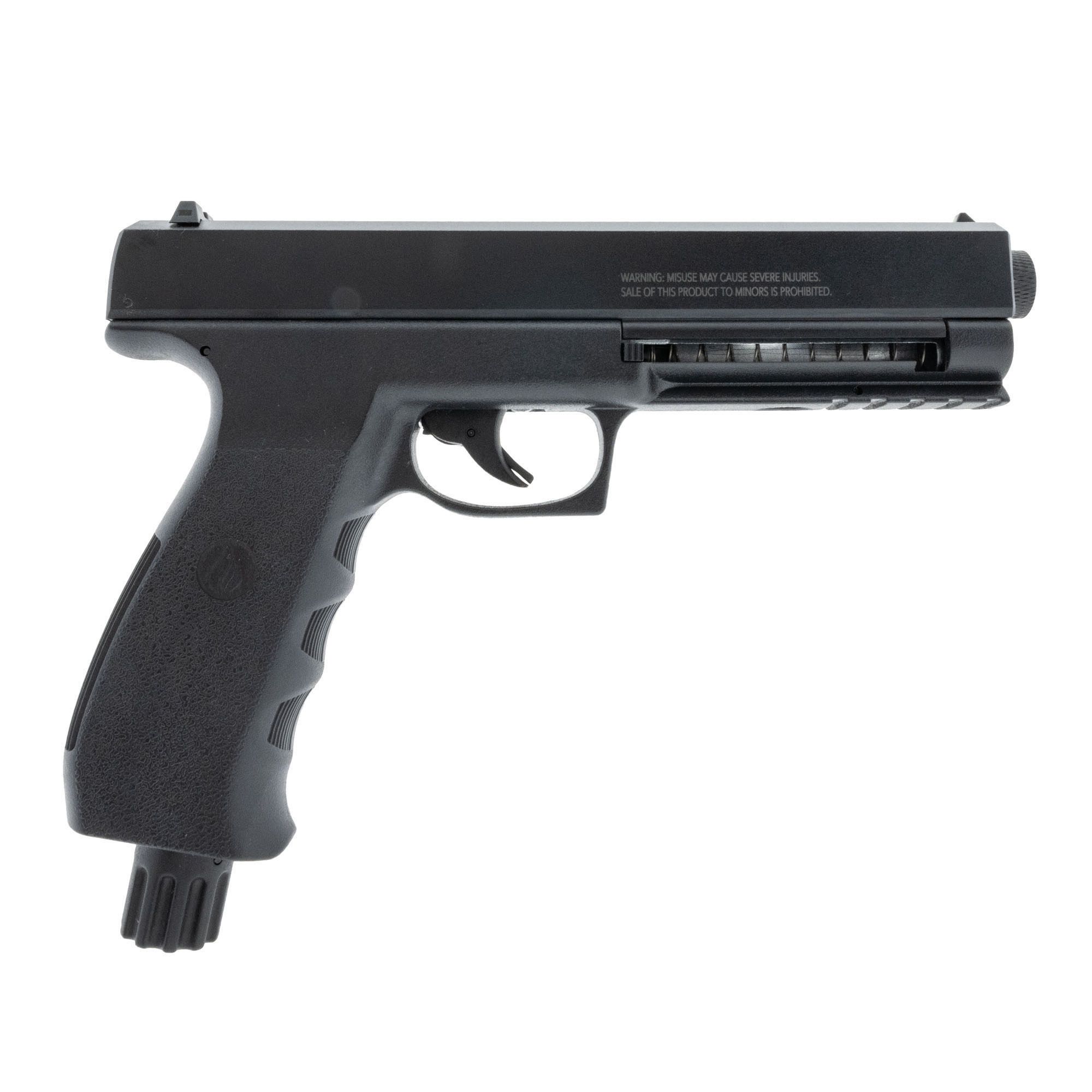 The Sentinel PDW50 CO2-pistool van Vesta Defence, rechterzijde — zwart polymeer/metaal met Picatinny rail en 6-schots magazijn