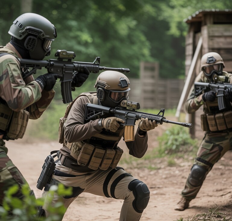 Airsoft-team in actie tijdens een CQB-game op de arena in Lelystad